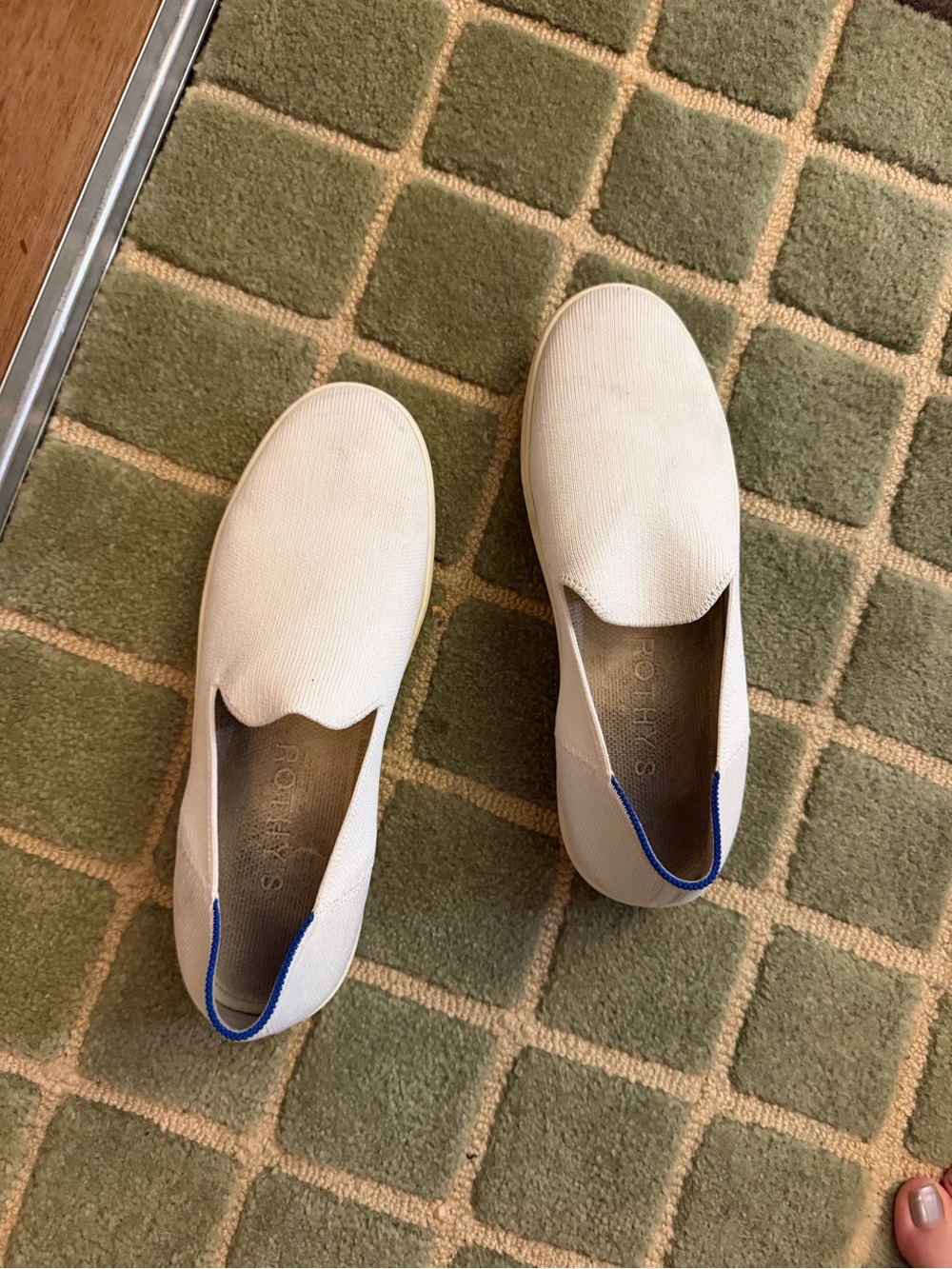 Rothy’s Slip-On Women’s Sneakers in Off-White with Blue Accent